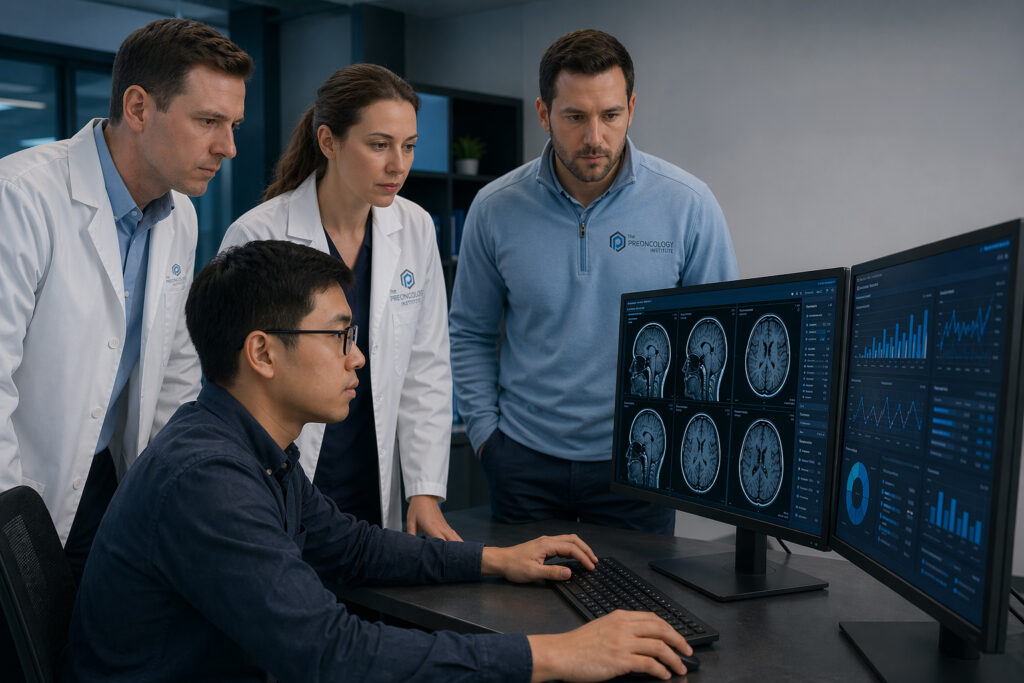 Four PreOncology Institute doctors gathered around a computer screen looking at a patient scan.