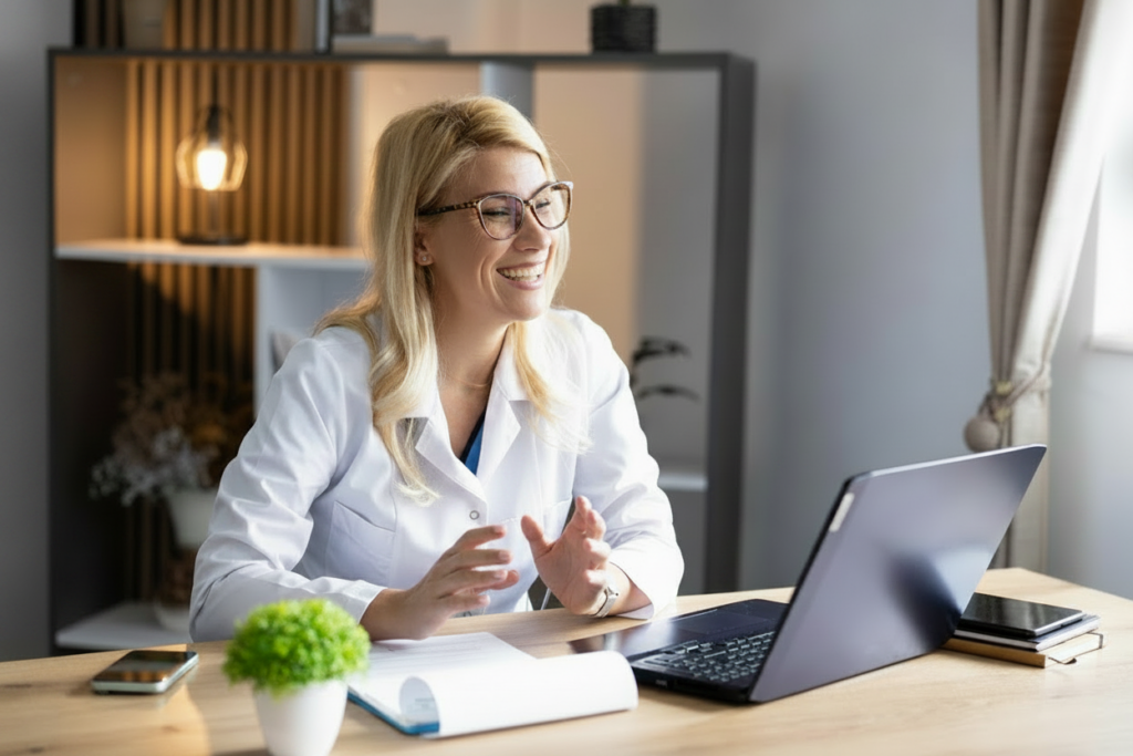 A female nurse practitioner having a Telehealth visit with a member.