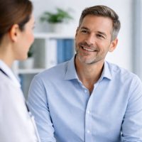 Middle aged male speaking to his female doctor