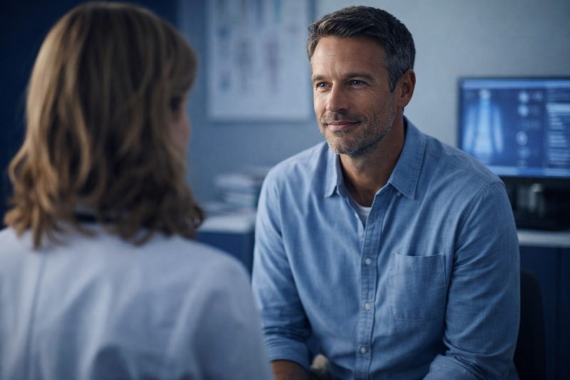 A caucasian male patient sitting in a doctors office speaking to his female doctor